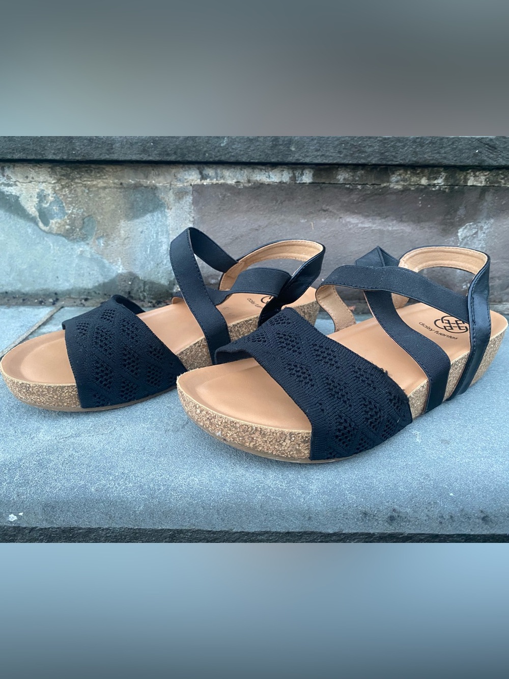 Daisy Fuentes Black Crisscross Strap Sandals Cork Platform Sz 8.5 Pre-Owned